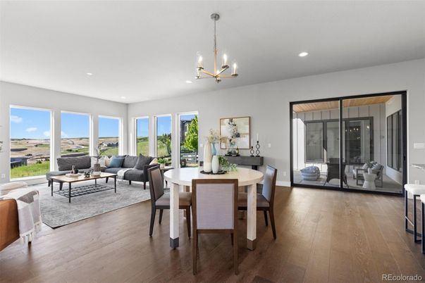 Dining room, Interior, Living room, Pendant Lights, Recessed Lighting, Wood Texture Flooring