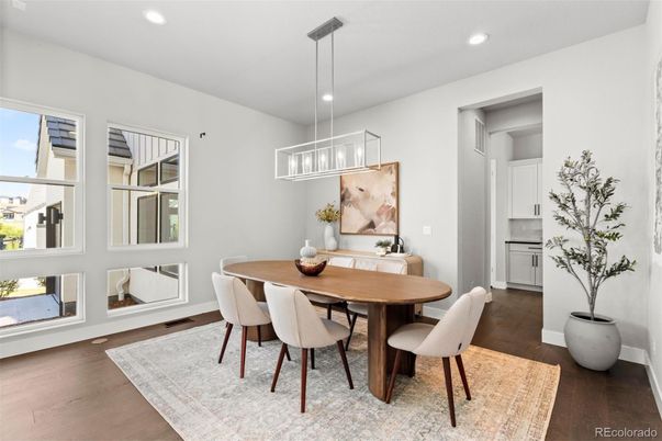 Dining room, Interior, Pendant Lights, Recessed Lighting, Wood Texture Flooring