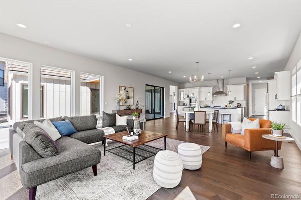 Dining room, Interior, Kitchen, Living room, Pendant Lights, Recessed Lighting, Stainless Steel Appliances, Wood Texture Flooring