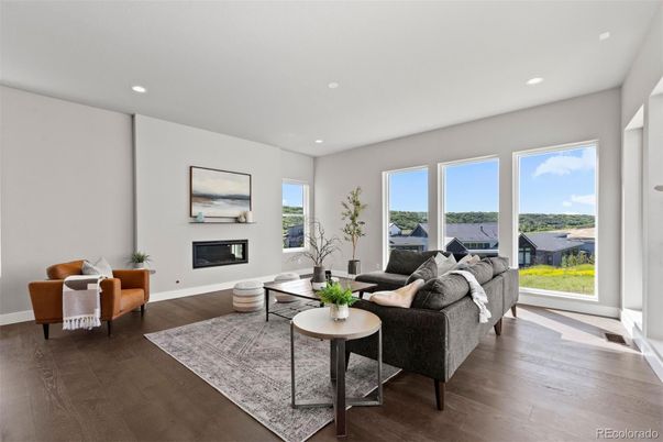 Fireplace, Interior, Living room, Recessed Lighting, Wood Texture Flooring