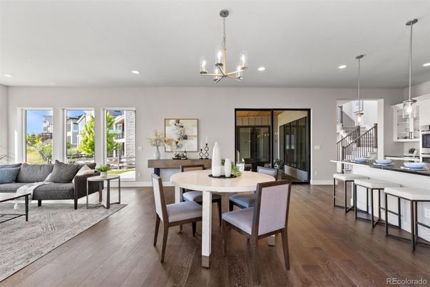 Chandelier, Dining room, Interior, Living room, Pendant Lights, Recessed Lighting, Wood Texture Flooring