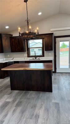 Chandelier, Interior, Kitchen, Recessed Lighting, Wood Texture Flooring