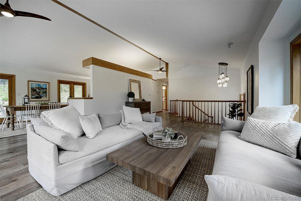 Dining room, Interior, Living room, Pendant Lights, Wood Texture Flooring