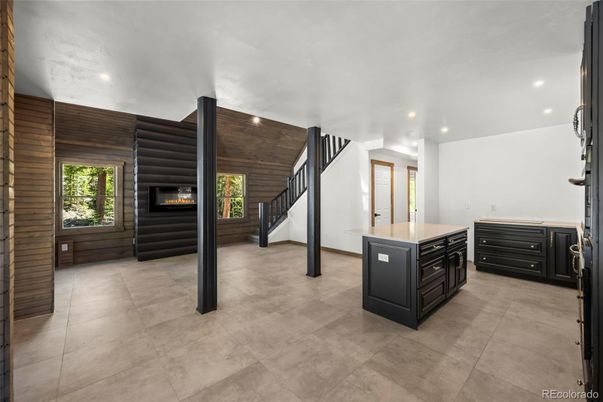 Fireplace, Interior, Kitchen, Recessed Lighting, Wooden Walls