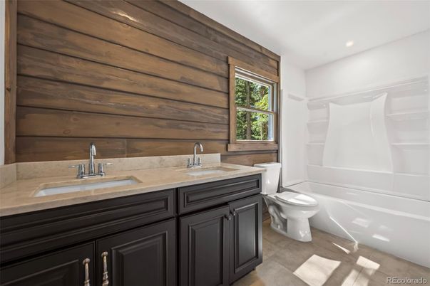 Bathroom, Dual Sink Vanities, Interior, Recessed Lighting, Wooden Walls