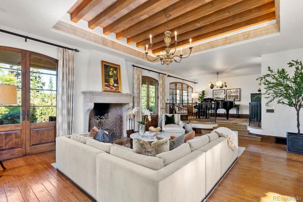 Chandelier, Dining room, Fireplace, Interior, Living room, Wooden Beams, Wooden Ceilings, Wood Texture Flooring