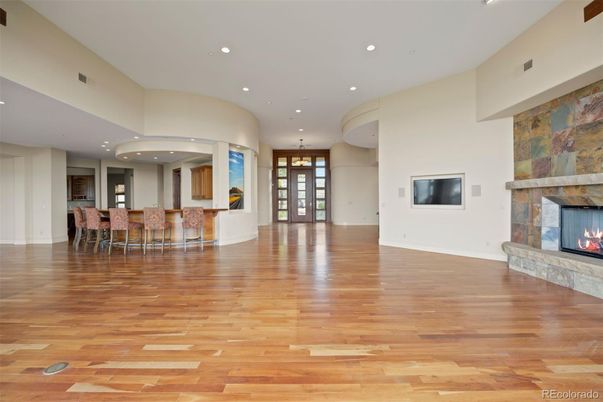 Dining room, Fireplace, Interior, Pendant Lights, Recessed Lighting, Wood Texture Flooring