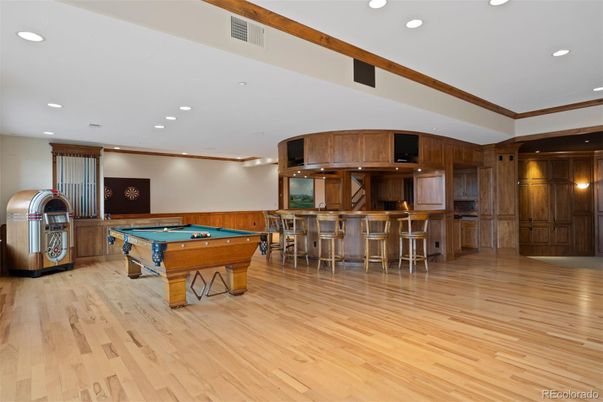 Billiard Table, Game Room, Interior, Recessed Lighting, Wood Texture Flooring