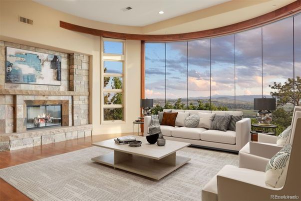 Fireplace, Interior, Living room, Recessed Lighting, Stone Walls, Wood Texture Flooring