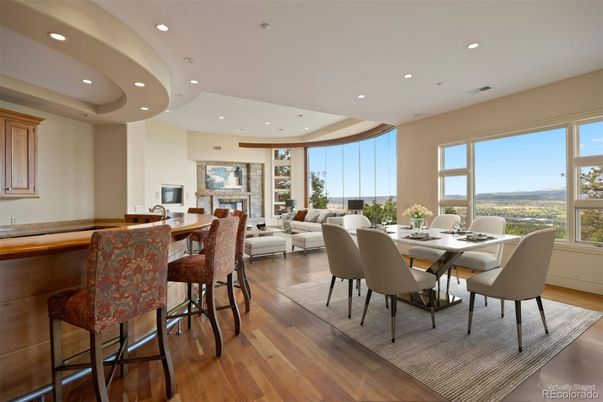 Dining room, Fireplace, Interior, Living room, Recessed Lighting, Wood Texture Flooring
