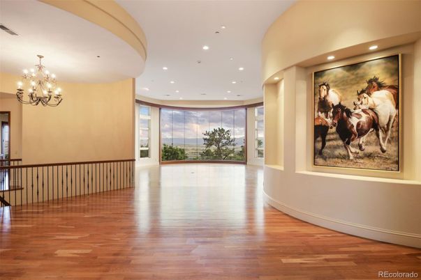 Chandelier, Empty room, Interior, Recessed Lighting, Wood Texture Flooring