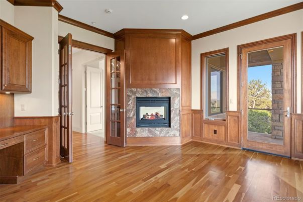 Empty room, Fireplace, Interior, Recessed Lighting, Wood Texture Flooring