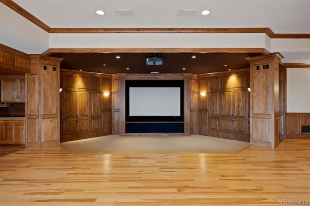 Empty room, Interior, Projection Screen, Recessed Lighting, Wood Texture Flooring, Wooden Walls