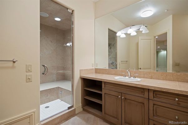 Bathroom, Glass Shower, Interior, Recessed Lighting, Tile Countertops