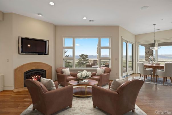 Dining room, Fireplace, Interior, Living room, Pendant Lights, Recessed Lighting, Water, Wood Texture Flooring