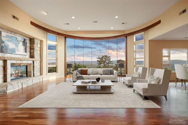 Dining room, Fireplace, Interior, Living room, Recessed Lighting, Water, Wood Texture Flooring
