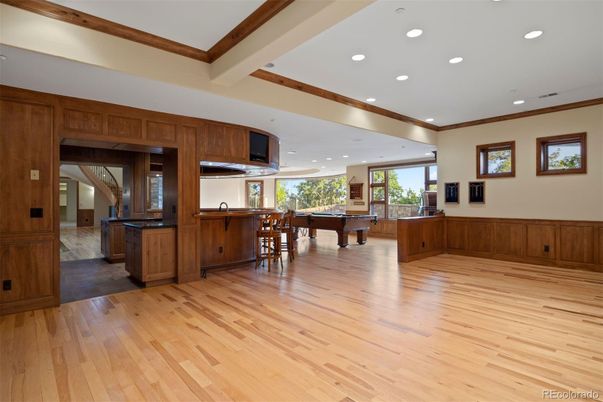 Billiard Table, Game Room, Interior, Recessed Lighting, Wood Texture Flooring