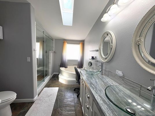Bathroom, Dual Sink Vanities, Glass Shower, Interior, Wood Texture Flooring