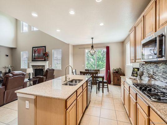 Chandelier, Dining room, Fireplace, Interior, Kitchen, Living room, Recessed Lighting