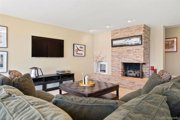 Fireplace, Interior, Living room, Recessed Lighting, Stone Walls