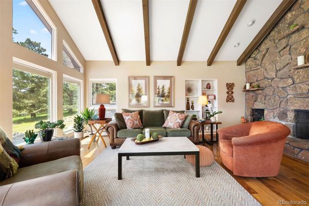 Fireplace, Interior, Living room, Stone Walls, Wooden Beams, Wood Texture Flooring
