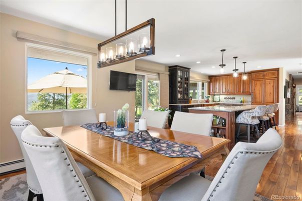 Dining room, Interior, Kitchen, Pendant Lights, Recessed Lighting, Wood Texture Flooring