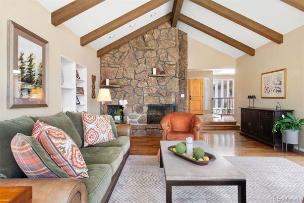 Fireplace, Interior, Living room, Stone Walls, Wooden Beams, Wood Texture Flooring