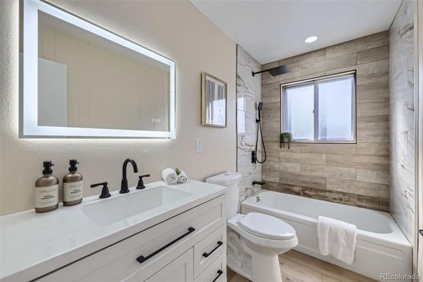 Bathroom, Interior, Recessed Lighting, Wood Texture Flooring
