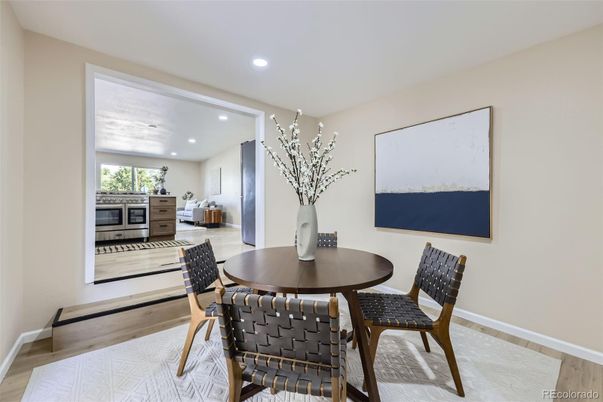 Dining room, Interior, Recessed Lighting, Wood Texture Flooring