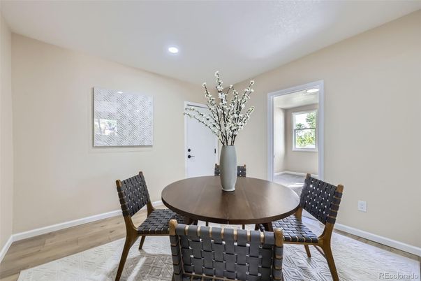 Dining room, Interior, Recessed Lighting, Wood Texture Flooring