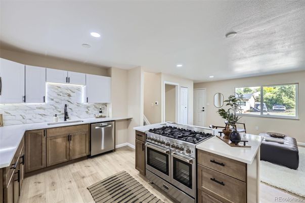 Interior, Kitchen, Recessed Lighting, Stainless Steel Appliances, Wood Texture Flooring