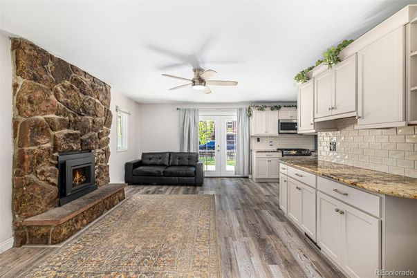 Fireplace, Interior, Kitchen, Stone Walls, Wood Texture Flooring