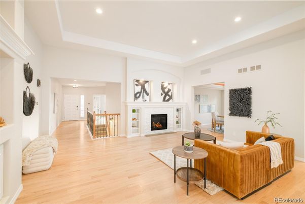 Fireplace, Interior, Living room, Recessed Lighting, Wood Texture Flooring