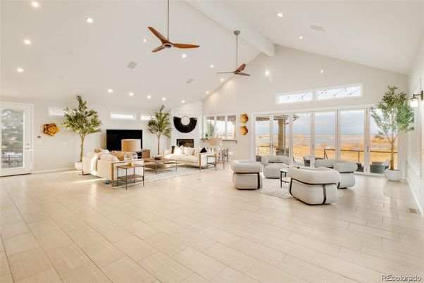 Fireplace, Interior, Living room, Recessed Lighting, Water, Wood Texture Flooring