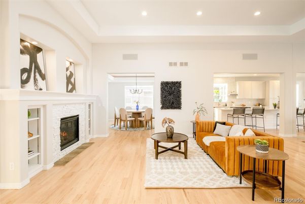 Dining room, Fireplace, Interior, Kitchen, Living room, Pendant Lights, Recessed Lighting, Wood Texture Flooring