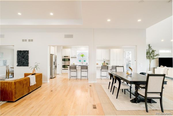 Dining room, Interior, Kitchen, Recessed Lighting, Stainless Steel Appliances, Wood Texture Flooring