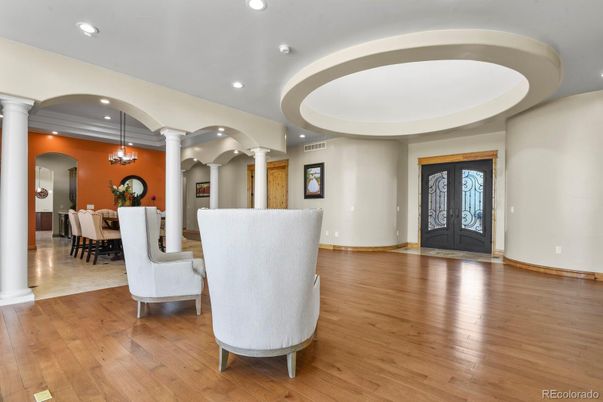 Dining room, Interior, Pendant Lights, Recessed Lighting, Wood Texture Flooring