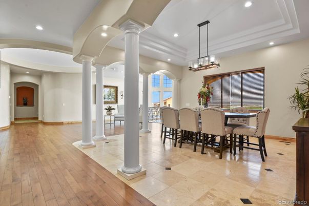 Chandelier, Dining room, Interior, Pendant Lights, Recessed Lighting, Wood Texture Flooring