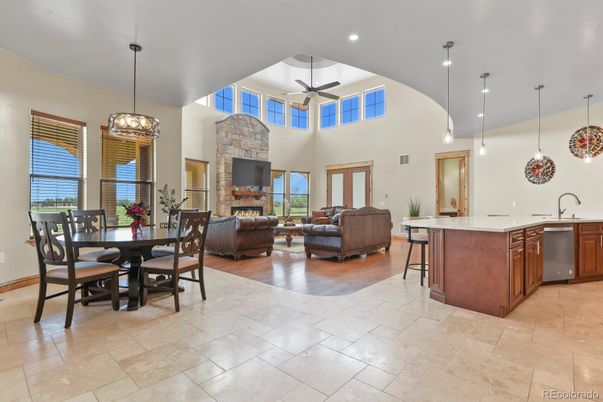 Dining room, Fireplace, Interior, Kitchen, Living room, Pendant Lights, Recessed Lighting