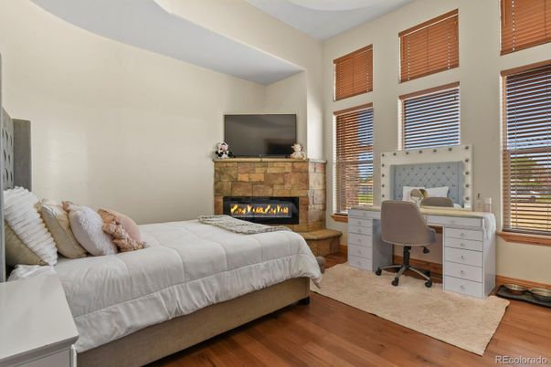 Bedroom, Fireplace, Home Office, Interior, Wood Texture Flooring