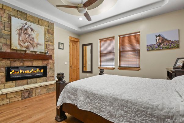 Bedroom, Fireplace, Interior, Recessed Lighting, Wood Texture Flooring