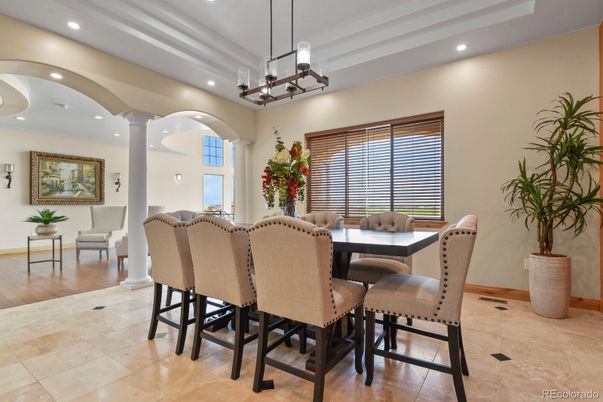 Dining room, Interior, Pendant Lights, Recessed Lighting, Wood Texture Flooring