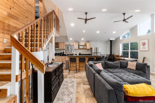 Interior, Kitchen, Living room, Recessed Lighting, Stainless Steel Appliances, Wooden Ceilings