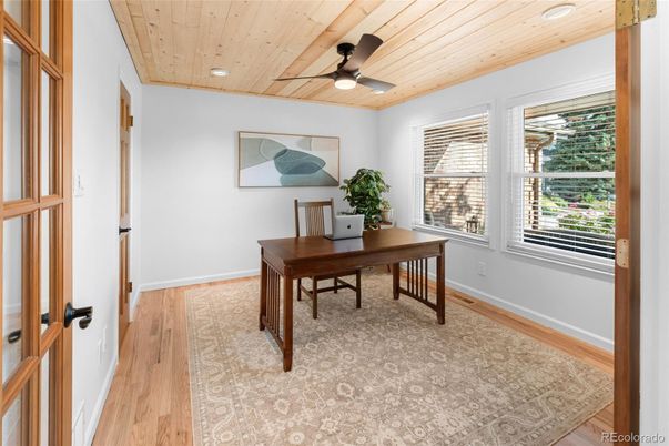 Home Office, Interior, Recessed Lighting, Wooden Ceilings, Wood Texture Flooring