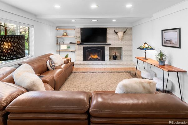 Fireplace, Interior, Living room, Recessed Lighting, Stone Walls