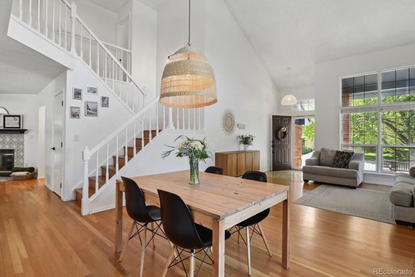 Dining room, Fireplace, Interior, Pendant Lights, Wood Texture Flooring