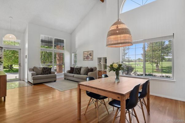 Dining room, Interior, Living room, Pendant Lights, Wood Texture Flooring