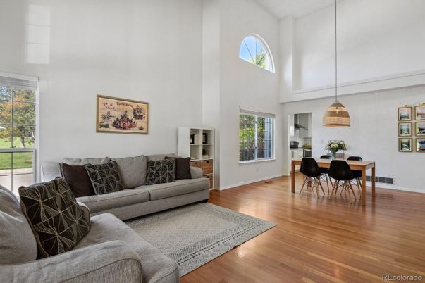 Dining room, Interior, Living room, Pendant Lights, Wood Texture Flooring