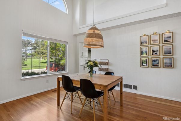 Dining room, Interior, Pendant Lights, Wood Texture Flooring