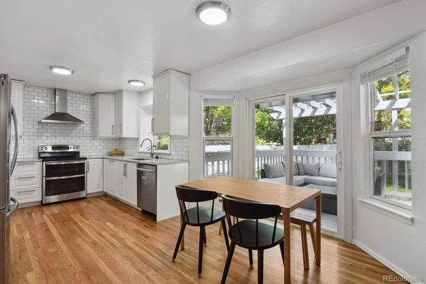 Dining room, Interior, Kitchen, Stainless Steel Appliances, Wood Texture Flooring